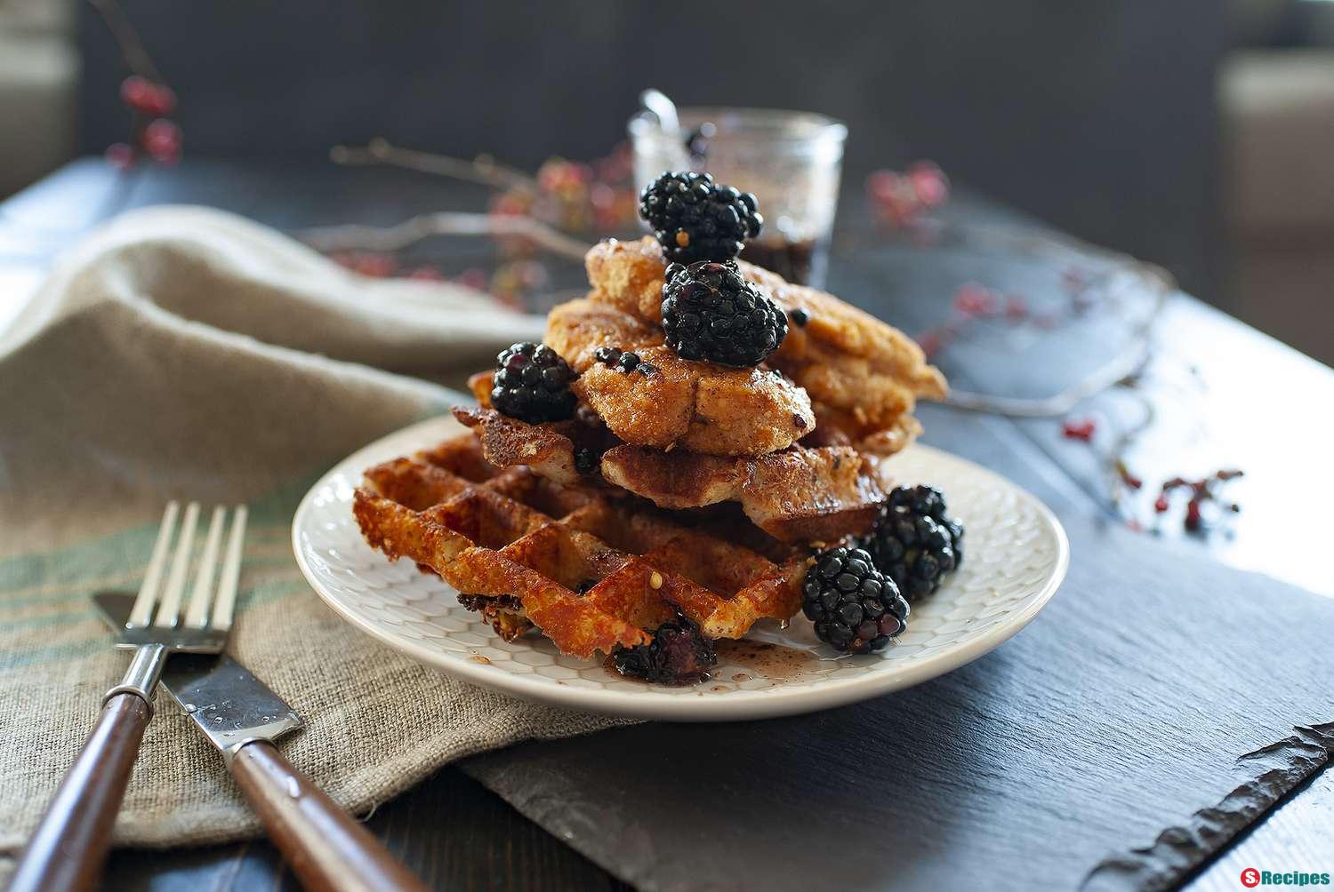 Spicy Gluten-Free Chicken and Cheddar Waffles with Blackberry-Maple Syrup